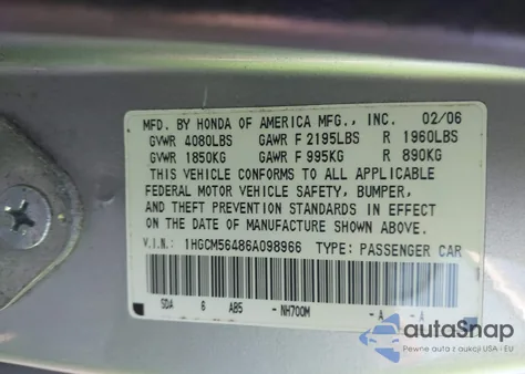 2006 Honda Accord 2.4 Lx из США, поврежденный, VIN 1HGCM56486A098966